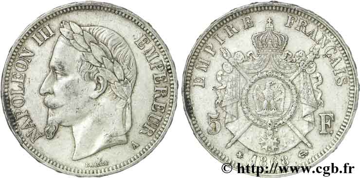 5 francs Napoléon III, tête laurée 1868 Paris F.331/12 MB35 