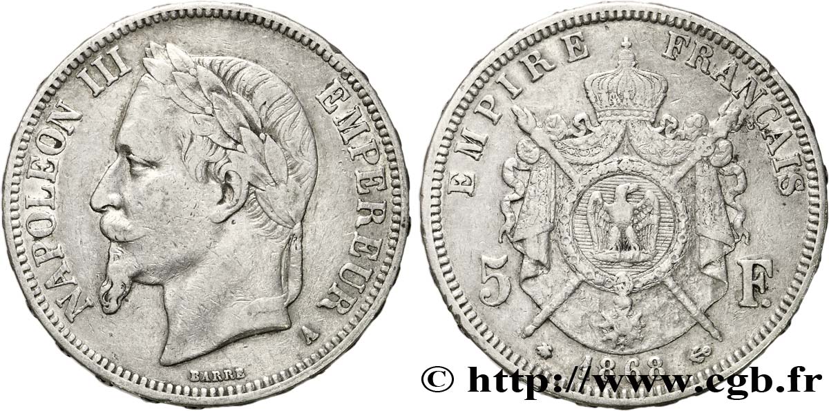 5 francs Napoléon III, tête laurée 1868 Paris F.331/12 XF45 