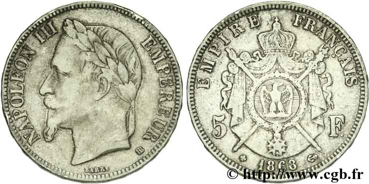 5 francs Napoléon III, tête laurée 1868 Strasbourg F.331/13 BC25 