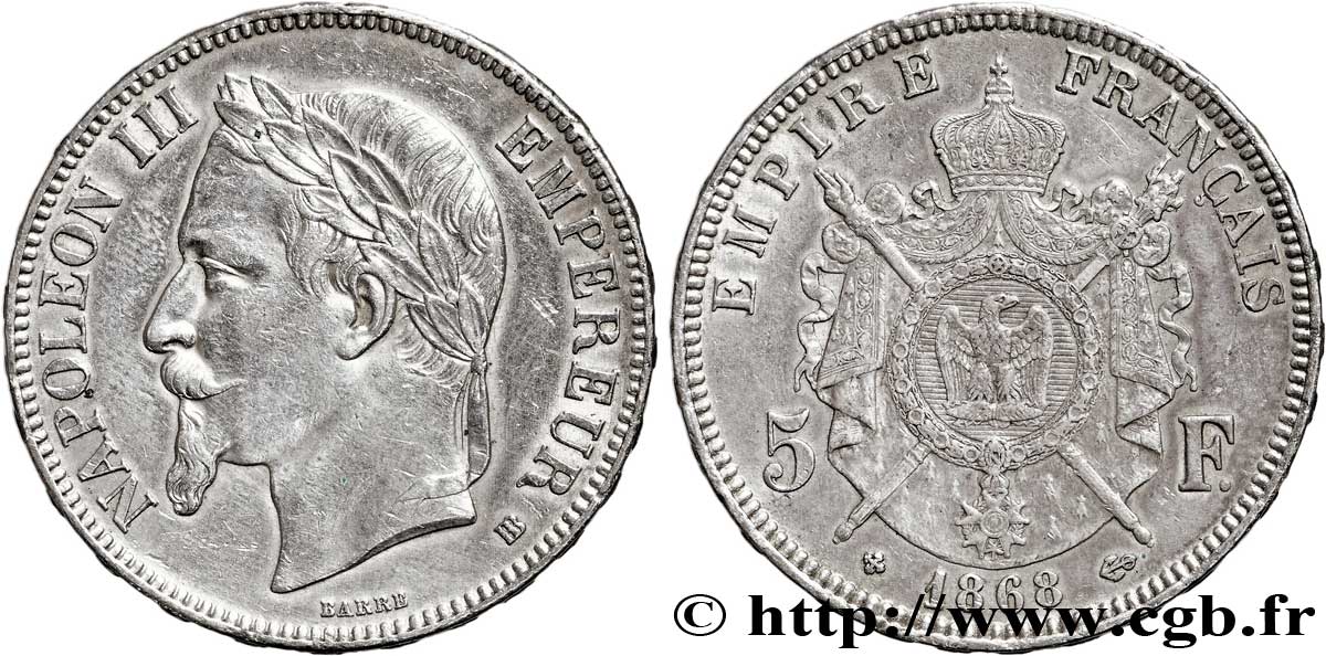 5 francs Napoléon III, tête laurée 1868 Strasbourg F.331/13 BB52 