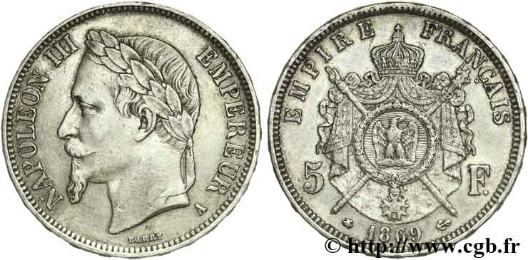5 francs Napoléon III, tête laurée 1869 Paris F.331/14 XF45 