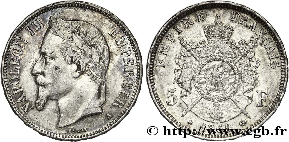 5 francs Napoléon III, tête laurée 1869 Paris F.331/14 XF48 