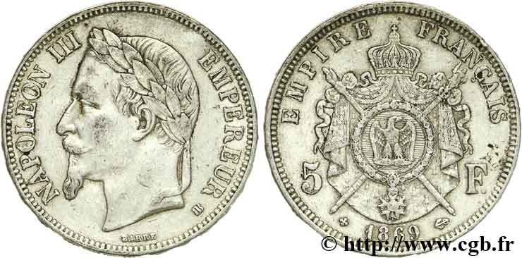 5 francs Napoléon III, tête laurée 1869 Strasbourg F.331/15 MBC40 