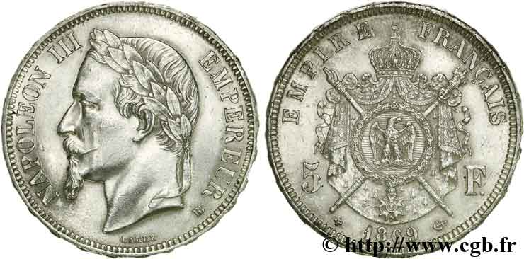 5 francs Napoléon III, tête laurée 1869 Strasbourg F.331/15 SUP58 