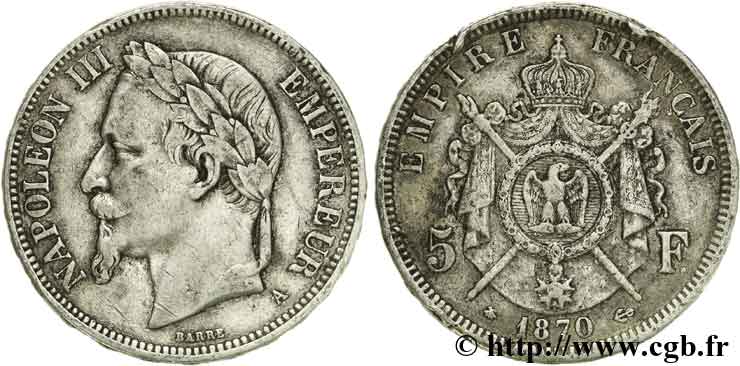 5 francs Napoléon III, tête laurée 1870 Paris F.331/16 S35 