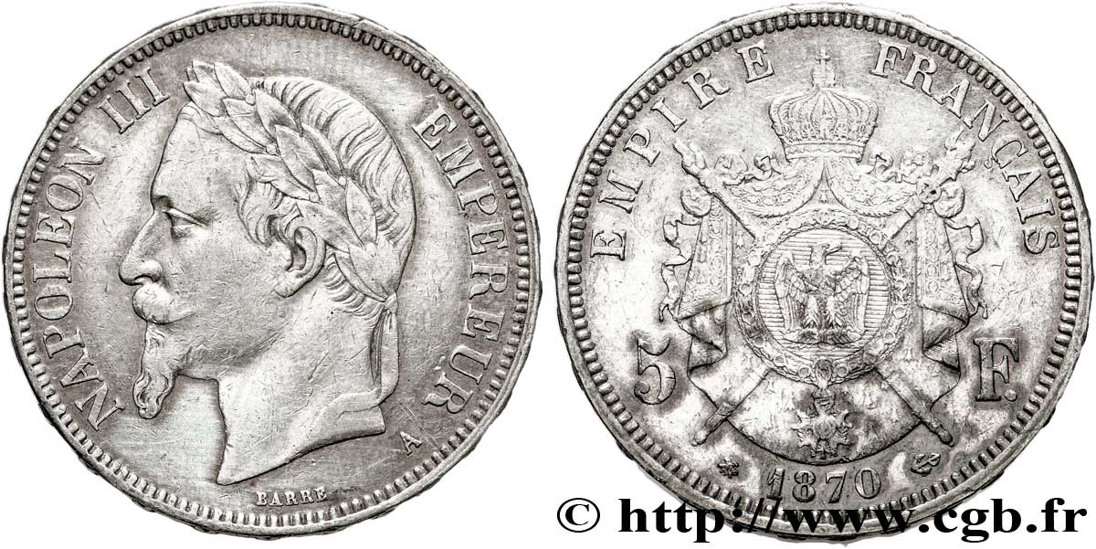 5 francs Napoléon III, tête laurée 1870 Paris F.331/16 SS48 