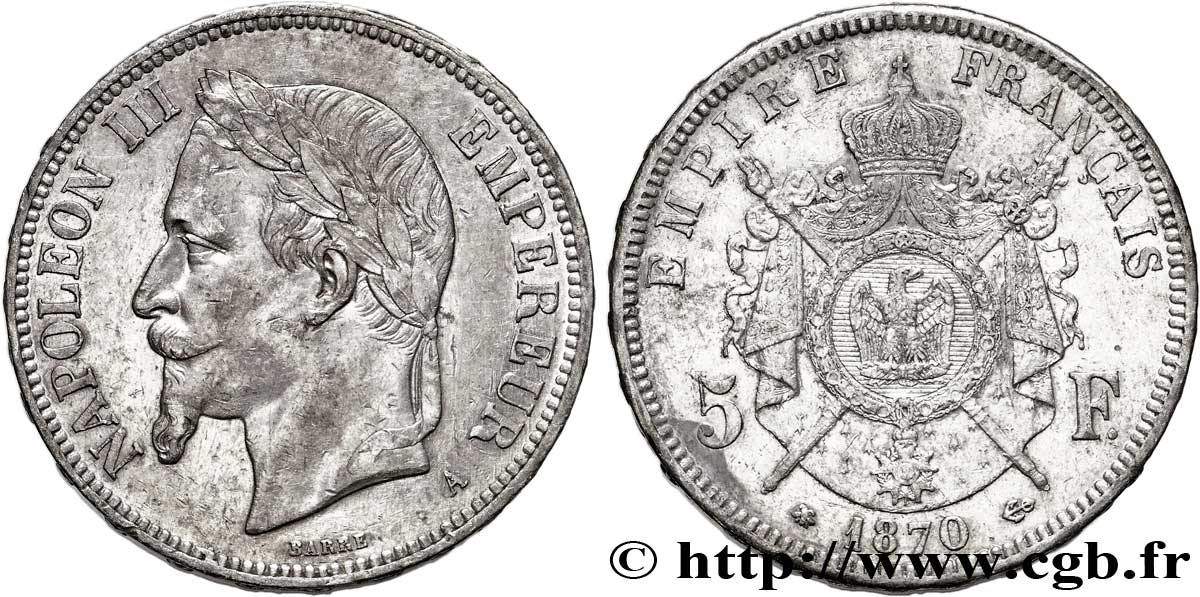 5 francs Napoléon III, tête laurée 1870 Paris F.331/16 AU50 