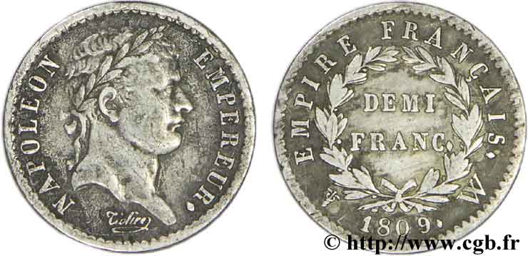 Demi-franc Napoléon Ier tête laurée, Empire français 1809 Lille F.178/9 TTB45 