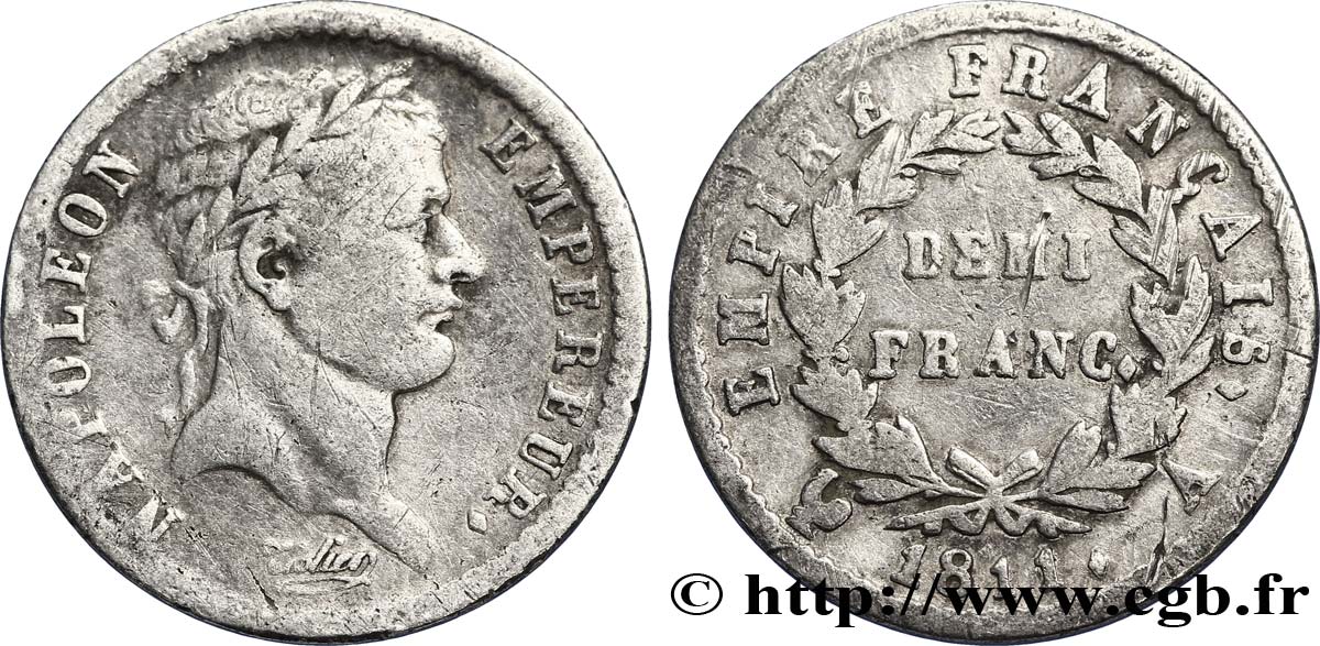 Demi-franc Napoléon Ier tête laurée, Empire français 1811 Paris F.178/21 TB30 
