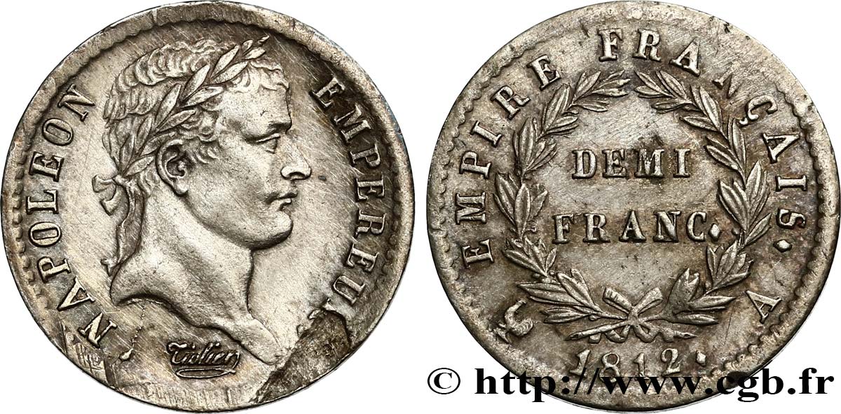 Demi-franc Napoléon Ier tête laurée, Empire français 1812 Paris F.178/35 MBC53 