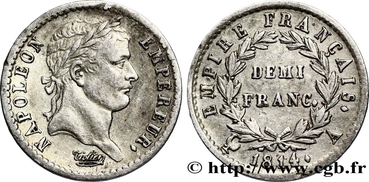 Demi-franc Napoléon Ier tête laurée, Empire français 1814 Paris F.178/63 XF 