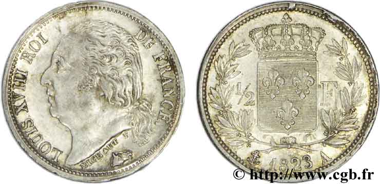1/2 franc Louis XVIII 1823 Paris F.179/34 AU55 