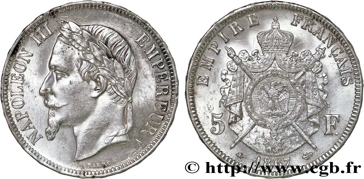 5 francs Napoléon III, tête laurée 1867 Paris F.331/10 SPL62 