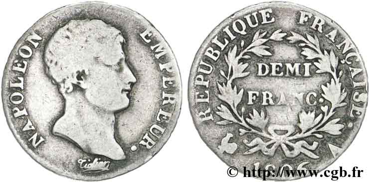 Demi-franc Napoléon Empereur, Calendrier grégorien 1806 Paris F.175/1 B10 