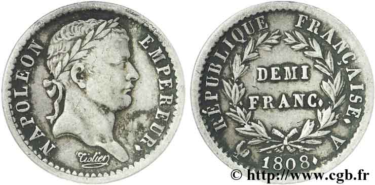 Demi-franc Napoléon Ier tête laurée, République française 1808 Paris F./ TTB42 