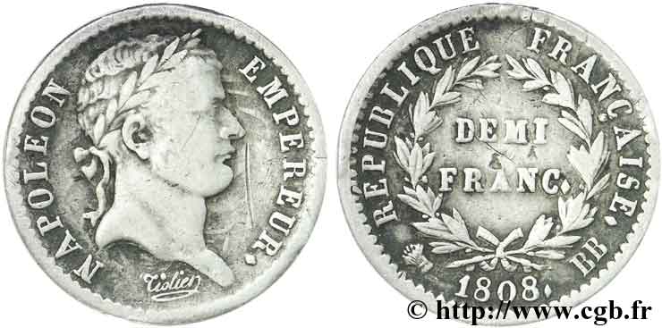 Demi-franc Napoléon Ier tête laurée, République française, buste fin 1808 Strasbourg F.177/4 BB42 