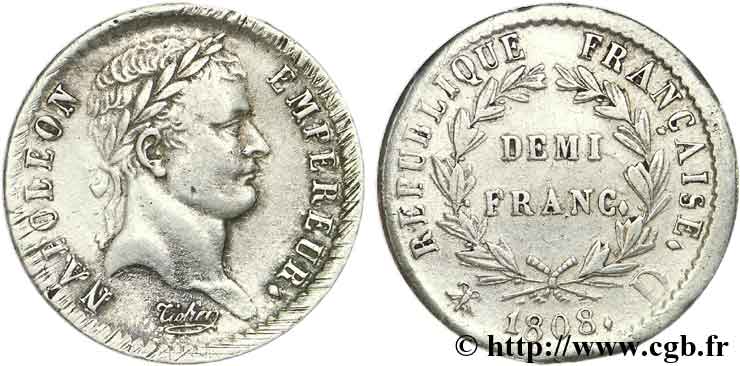 Demi-franc Napoléon Ier tête laurée, République française, buste fin 1808 Lyon F./ TTB47 