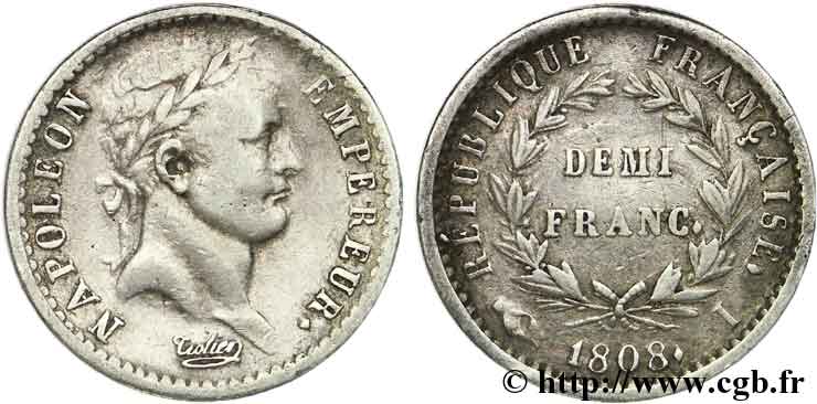 Demi-franc Napoléon Ier tête laurée, République française, buste fin 1808 Limoges F.177/8 BC38 