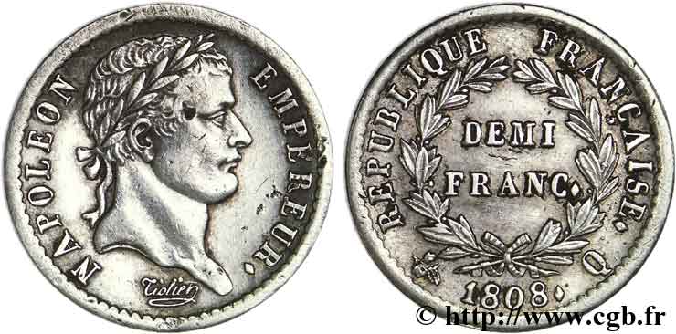 Demi-franc Napoléon Ier tête laurée, République française, buste fin 1808 Perpignan F.177/13 SS52 