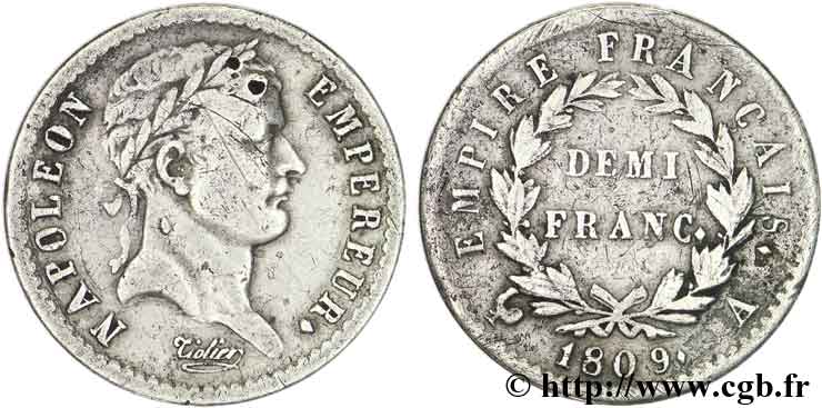 Demi-franc Napoléon Ier tête laurée, Empire français 1809 Paris F.178/1 TB28 