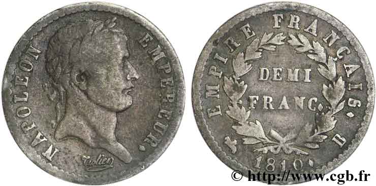 Demi-franc Napoléon Ier tête laurée, Empire français 1810 Rouen F.178/11 F17 
