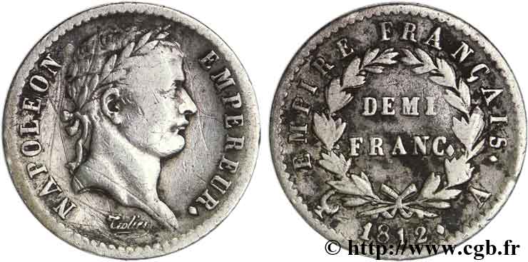 Demi-franc Napoléon Ier tête laurée, Empire français 1812 Paris F.178/35 MB28 