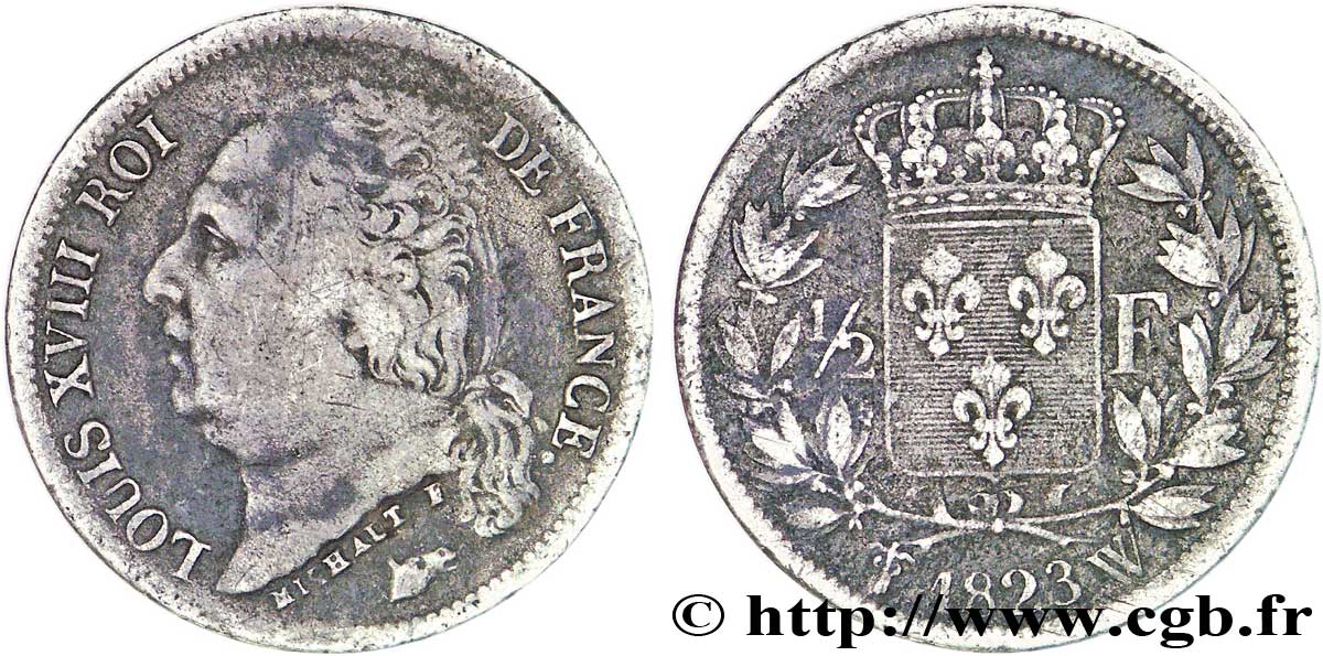 1/2 franc Louis XVIII 1823 Lille F.179/42 VF22 