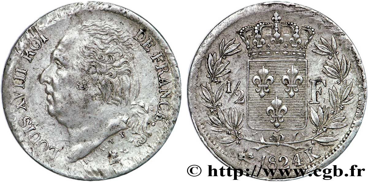 1/2 franc Louis XVIII 1824 Bordeaux F.179/48 BB45 