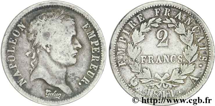 2 francs Napoléon Ier tête laurée, Empire français 1811 Paris F.255/24 F12 