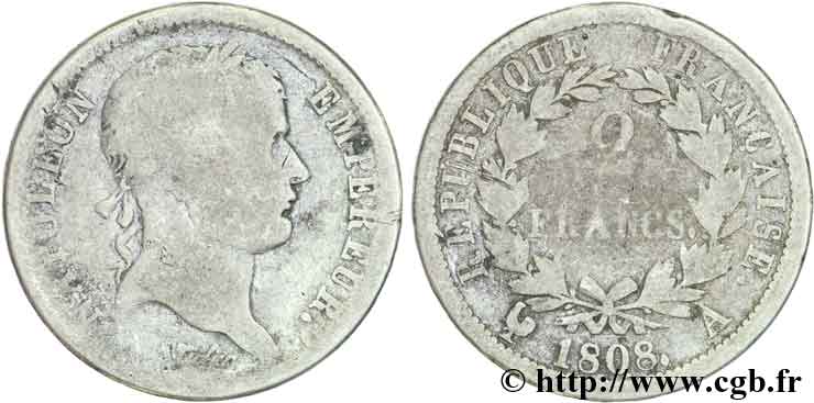 2 francs Napoléon Ier tête laurée, République française 1808 Paris F.254/4 VG8 