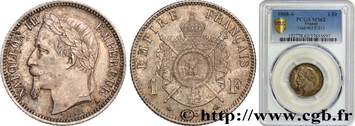 1 franc Napoléon III, tête laurée 1868 Paris F.215/10 SPL62 PCGS