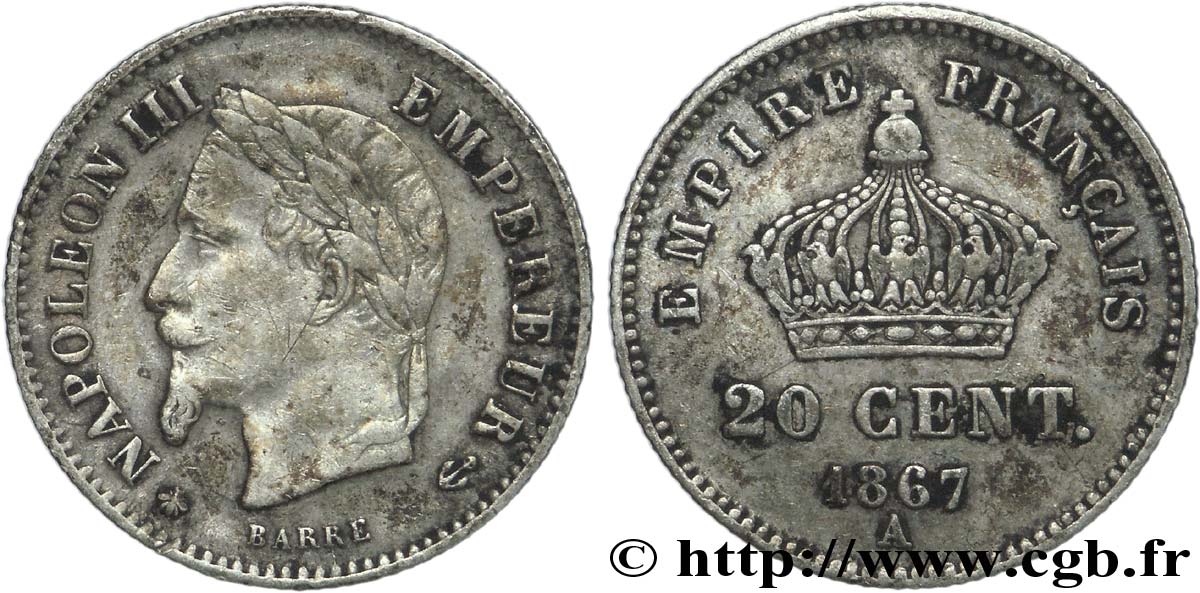 20 centimes Napoléon III, tête laurée, grand module 1867 Paris F.150/1 VF35 