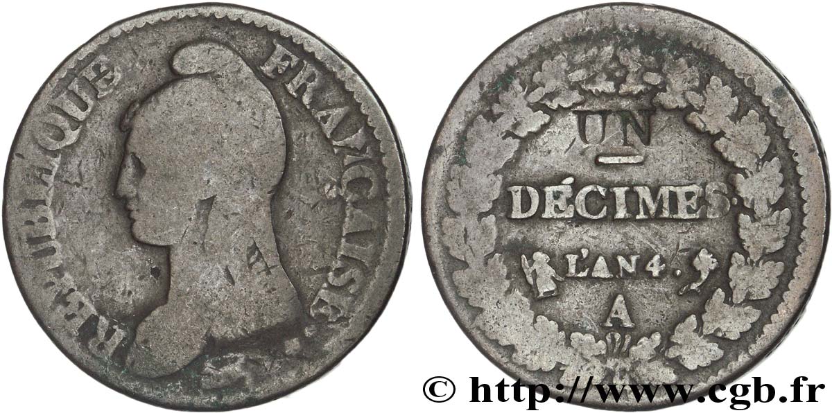 Un décime Dupré, modification du 2 décimes 1796 Paris F.127/1 B12 