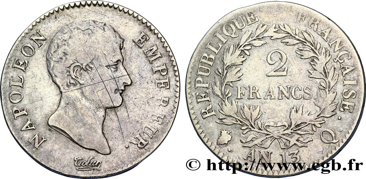 2 francs Napoléon Empereur, Calendrier révolutionnaire 1805 Perpignan F.251/23 TB25 