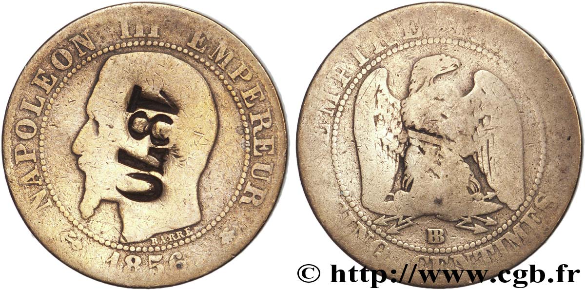 Cinq centimes Napoléon III, tête nue, contremarqué 1870 1856 Strasbourg F.116/32 VG8 