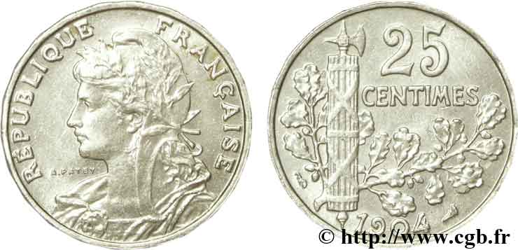 25 centimes Patey, 2e type 1904  F.169/2 EBC55 