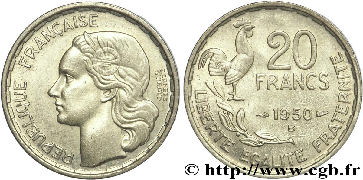 20 francs Georges Guiraud, 3 faucilles 1950 Beaumont-Le-Roger F.401/2 AU55 