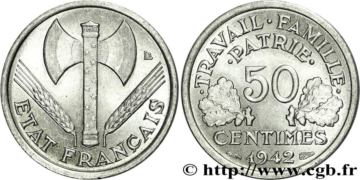 50 centimes Francisque, lourde 1942  F.195/3 SUP55 