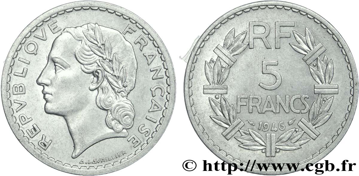 5 francs Lavrillier, aluminium 1946 Beaumont-Le-Roger F.339/7 SUP60 