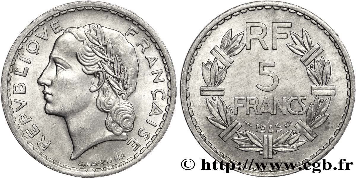 5 francs Lavrillier, aluminium 1945  F.339/3 MS63 