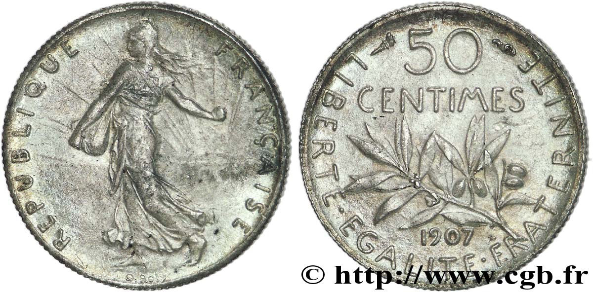50 centimes Semeuse 1907  F.190/14 EBC58 