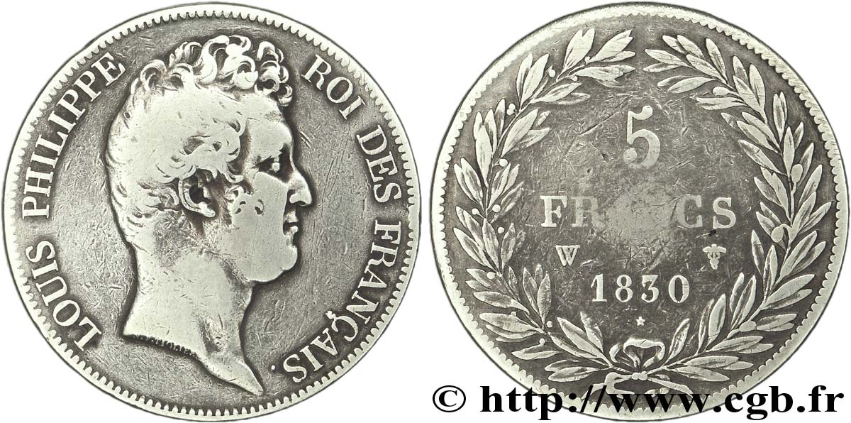 5 francs type Tiolier sans le I, tranche en creux 1830 Lille F.313/4 MB15 