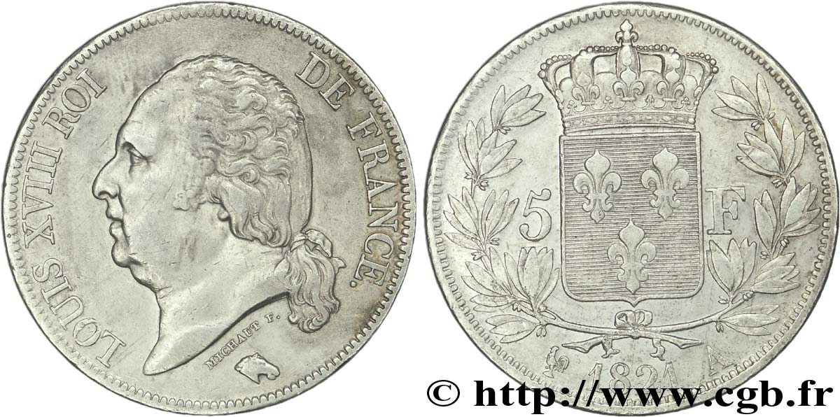 5 francs Louis XVIII, tête nue 1821 Paris F.309/60 TTB45 
