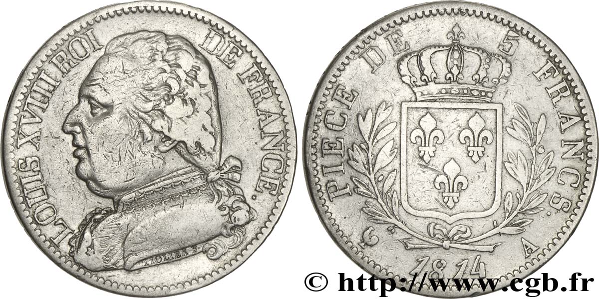 5 francs Louis XVIII, buste habillé 1814 Paris F.308/1 TB30 