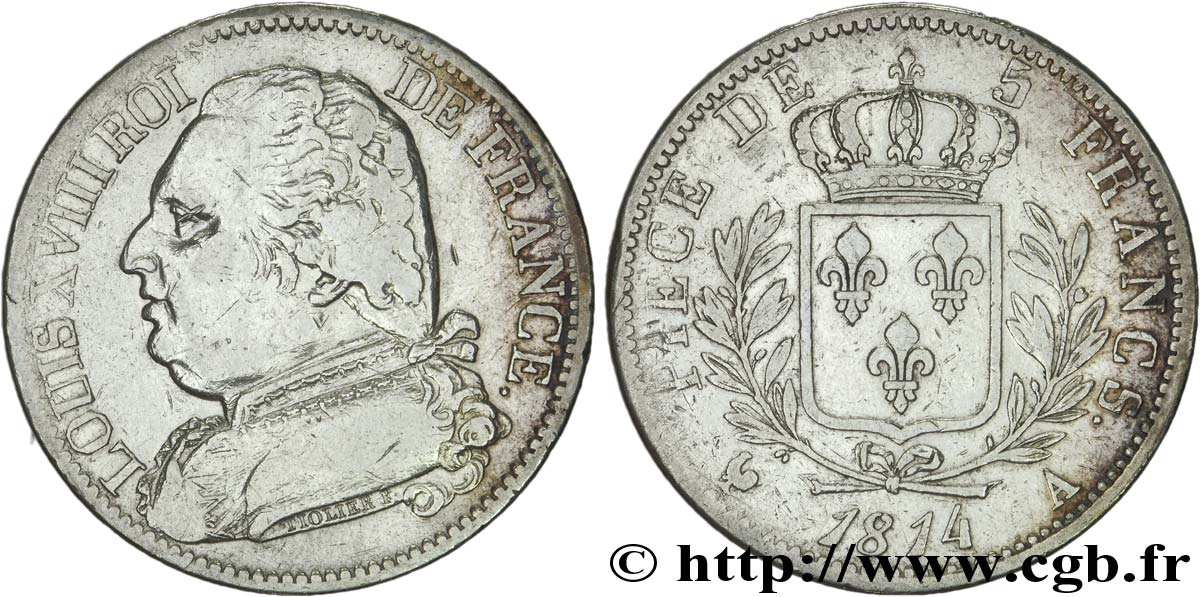 5 francs Louis XVIII, buste habillé 1814 Paris F.308/1 TB30 