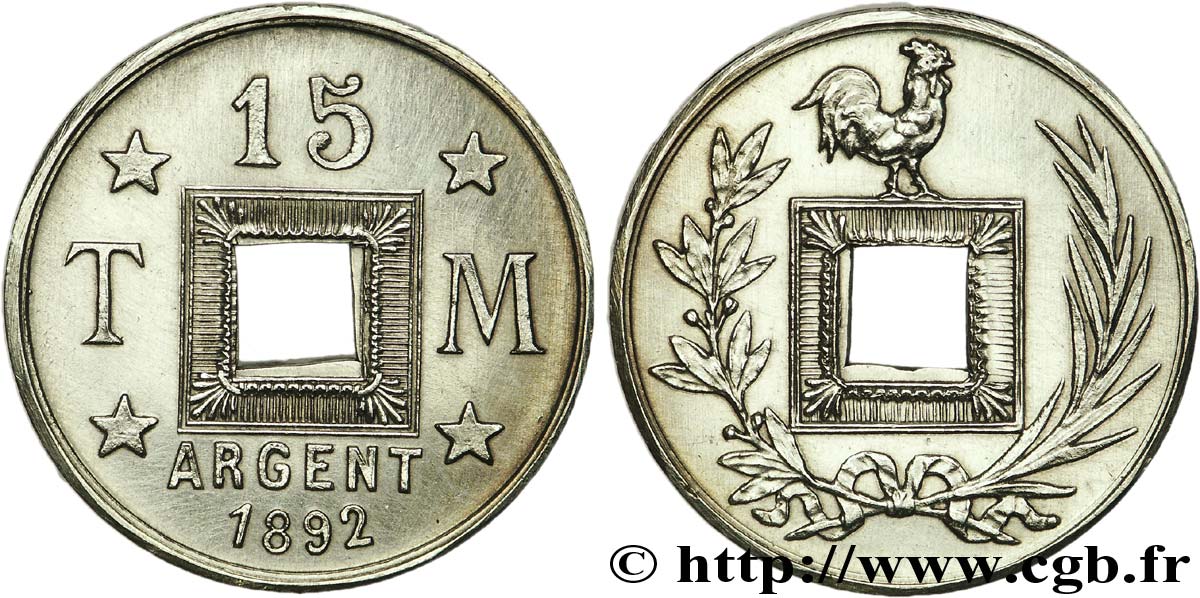 Essai de 15 Centimes en argent Michelin avec trou carré 1892  VG.4168  SUP 