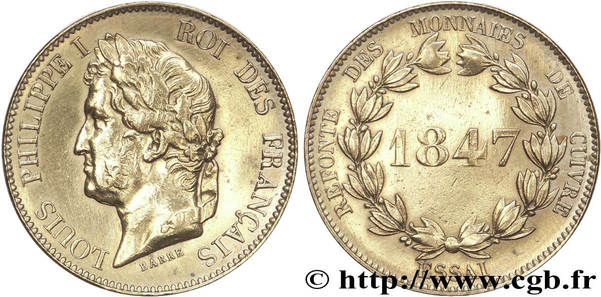 Refonte des monnaies de cuivre, essai au module de cinq centimes 1847 Paris  AU 
