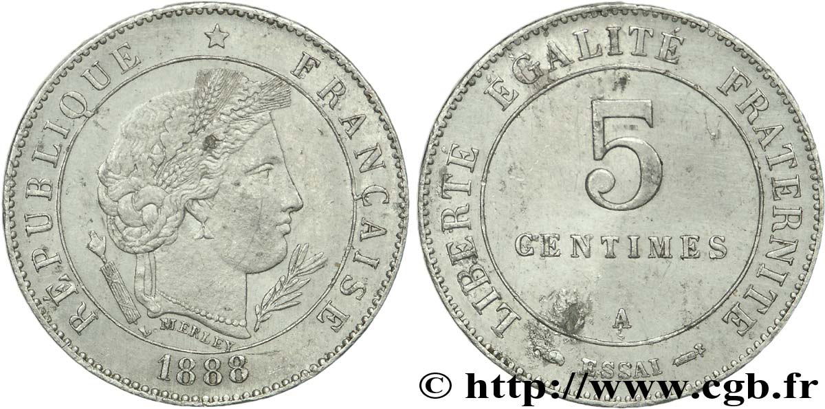 Essai de 5 centimes par Merley  1888 Paris VG.4085  SUP58 