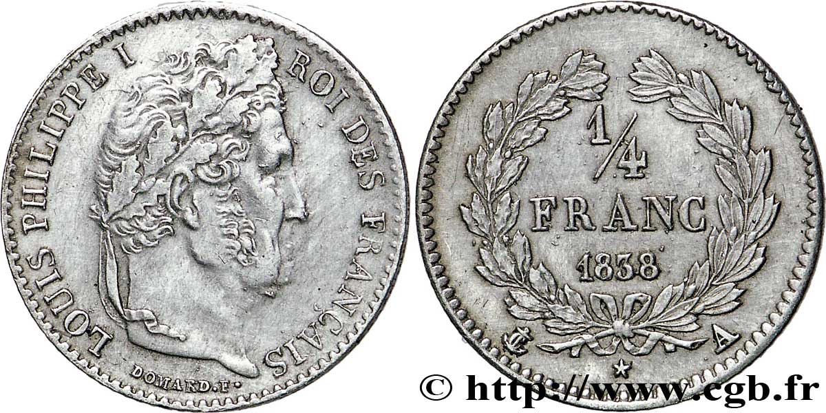 1/4 franc Louis-Philippe 1838 Paris F.166/69 SUP55 