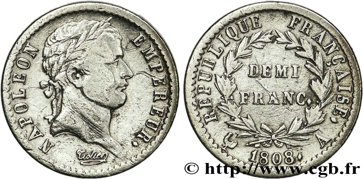 Demi-franc Napoléon Ier tête laurée, République française 1808 Paris F./ TB39 